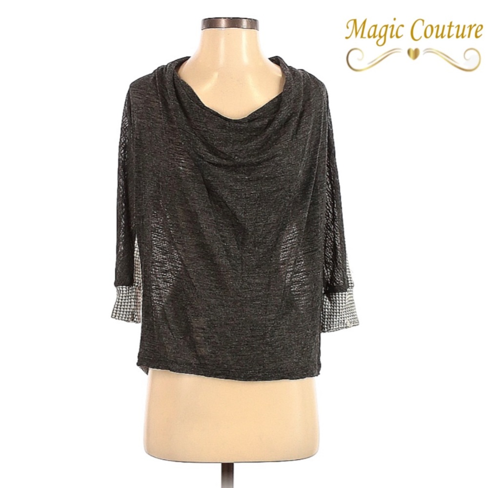 Splendid Cowl Neck Contrast Elbow Sleeve Gray Knit Dolman Top🤍🖤🤍